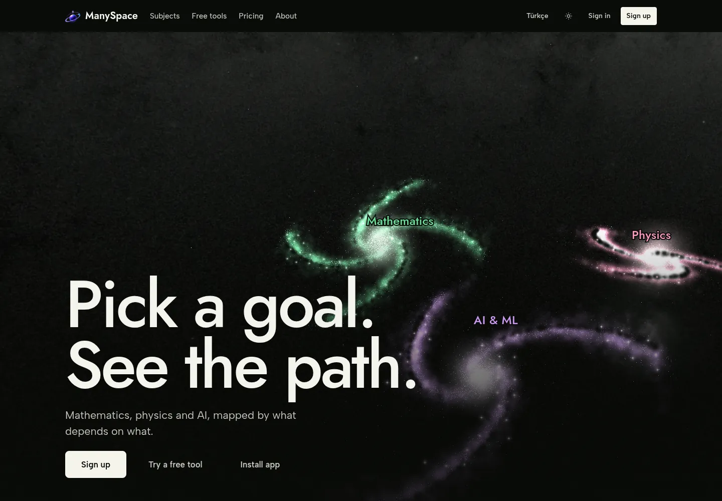 The ManySpace landing page: mathematics, physics and AI & ML drawn as three spiral galaxies